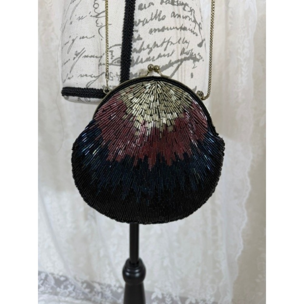 La Regale Beaded Evening Bag Crossbody Sunburst Bugle Beads Kiss Lock Vintage